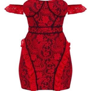 PrettyLittleThing Red Lace Off-Shoulder Mini Dress